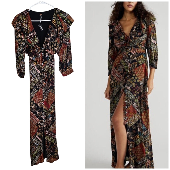 Free People Dresses & Skirts - Free People Robe Lennon Ruffle Collar Button Down Bohemian Maxi Dress Patchwork